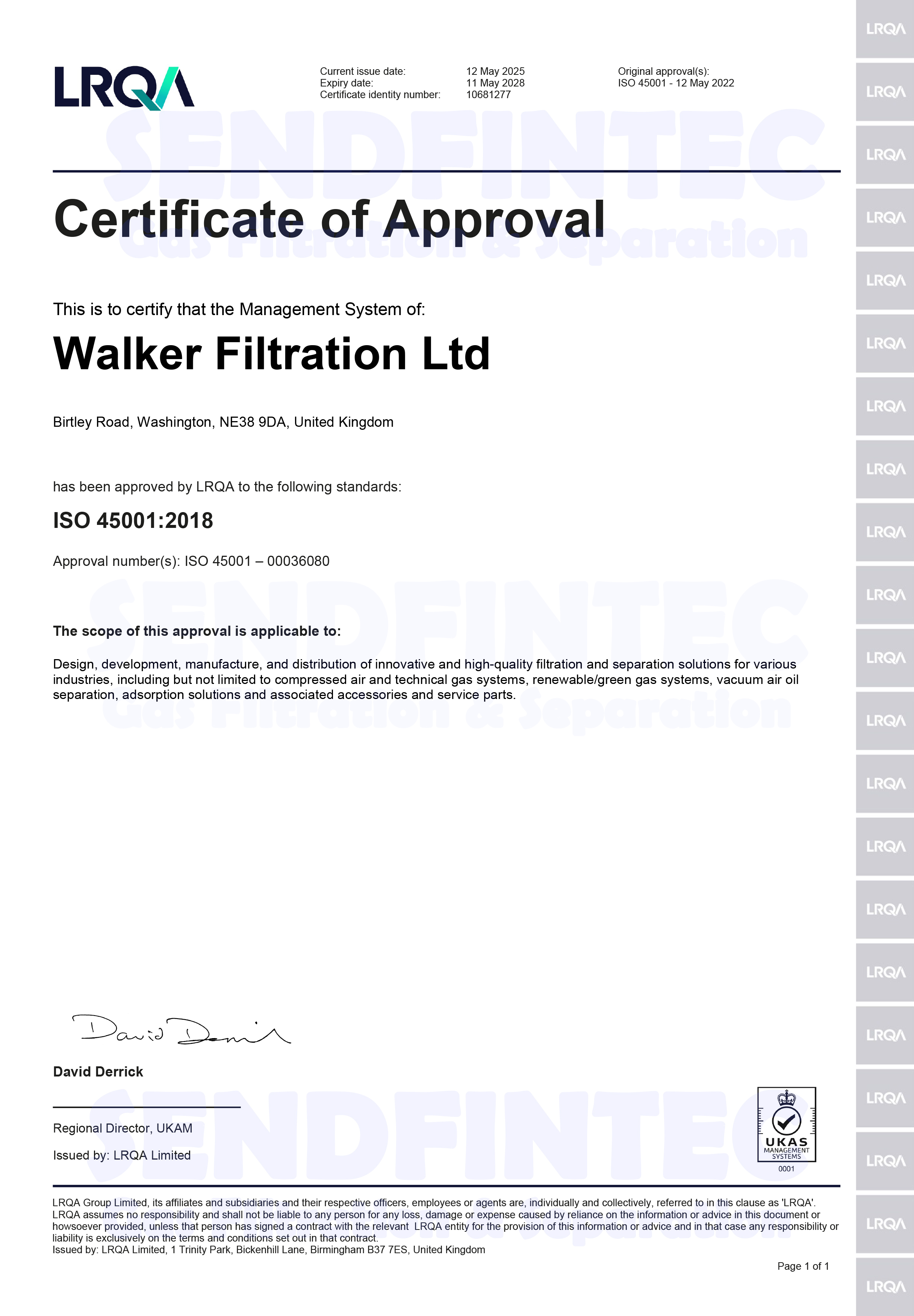 Walker Filtration ISO45001:2018 Certificate
